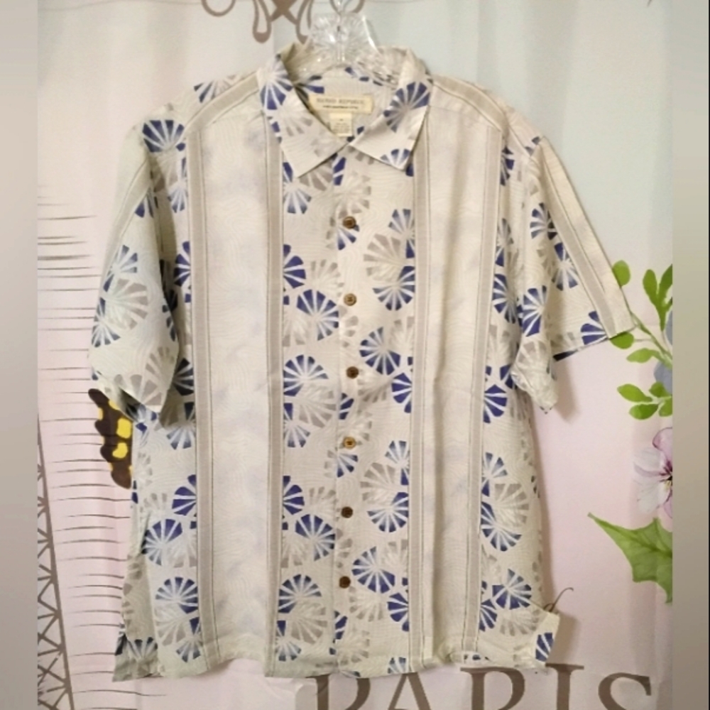 ISLAND REPUBLIC HAWAIIAN 70% SILK Med FLORAL BUTTON UP SHIRT Cream Blue